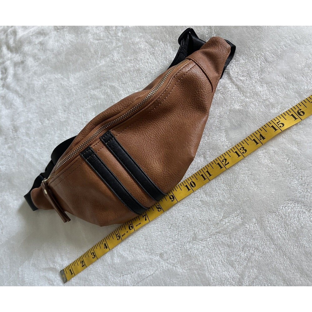 Sam Forever Cognac Pebbled Leather Sling Belt Bag Fanny Pack Varsity Stripe - Picture 7 of 7